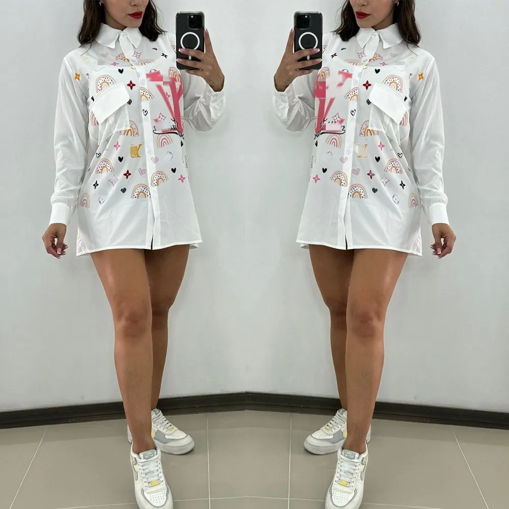 Women Blouses Shirts Designer Print White Shirt Tops Casual Long Sleeved Shirt Free Ship - Deanwangkt