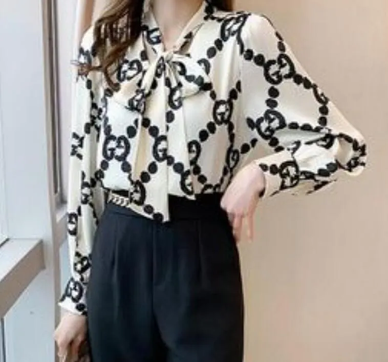 Designer Printed Black Shirts Long Sleeve Women Runway Button Shirt Office Ladies Ribbon Bow Blouses Spring Summer Autumn Winter Slim Fit Stylish Luxury Tops - Deanwangkt