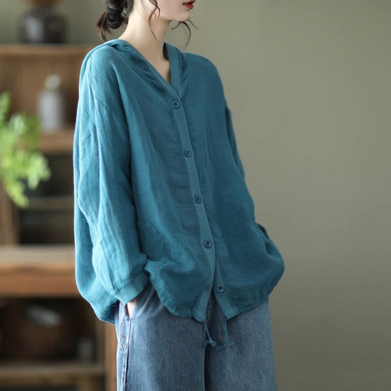 Literary retro cotton and linen hooded jacket women's summer loose casual thin sunscreen shirt versatile long-sleeved cardigan top - Deanwangkt