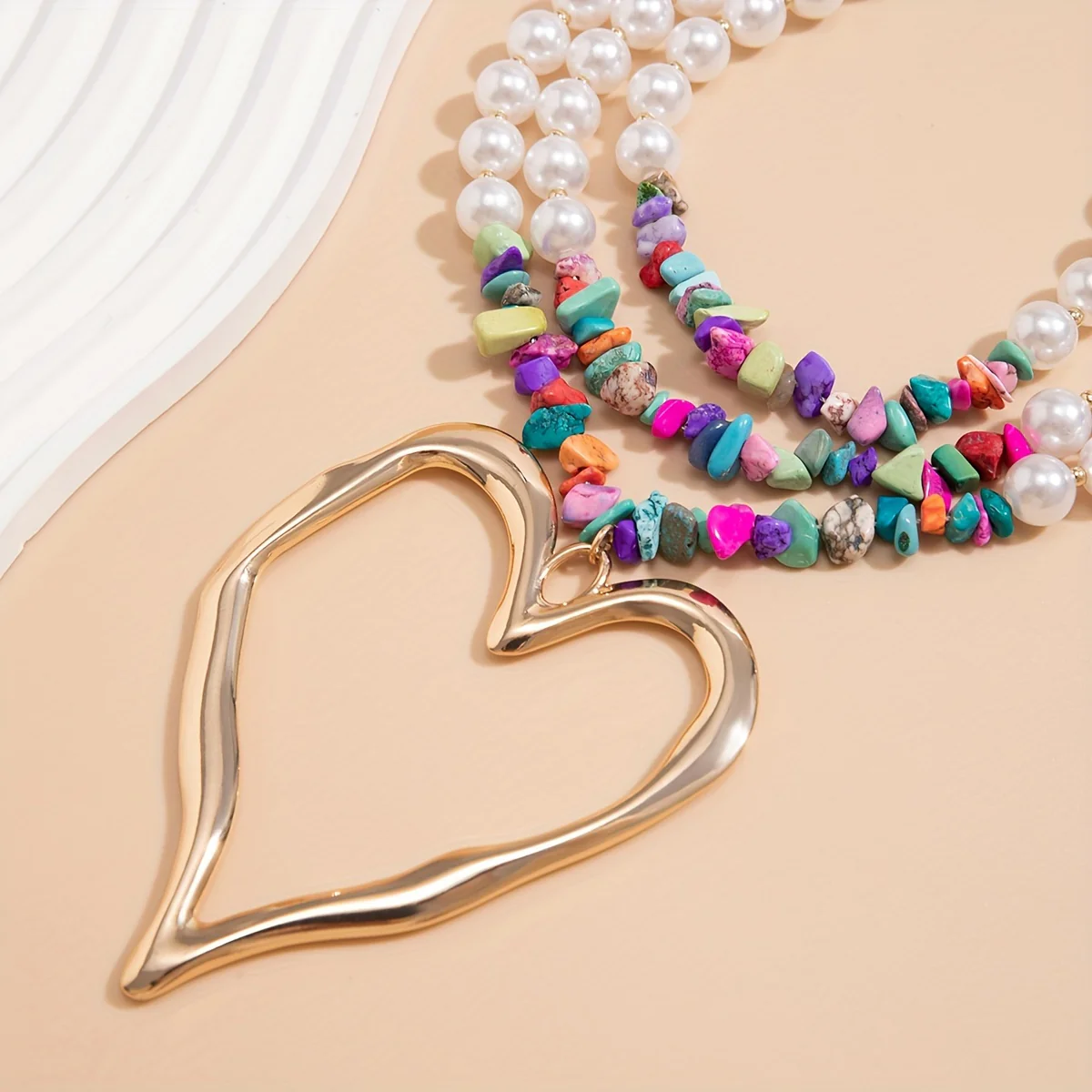 1pc Multilayer Exaggerated Holiday Style Imitation Pearl Peach Heart Charm Necklace Colorful Pine Stone CCB Necklace Charm Multilayer Necklace Gift - Deanwangkt