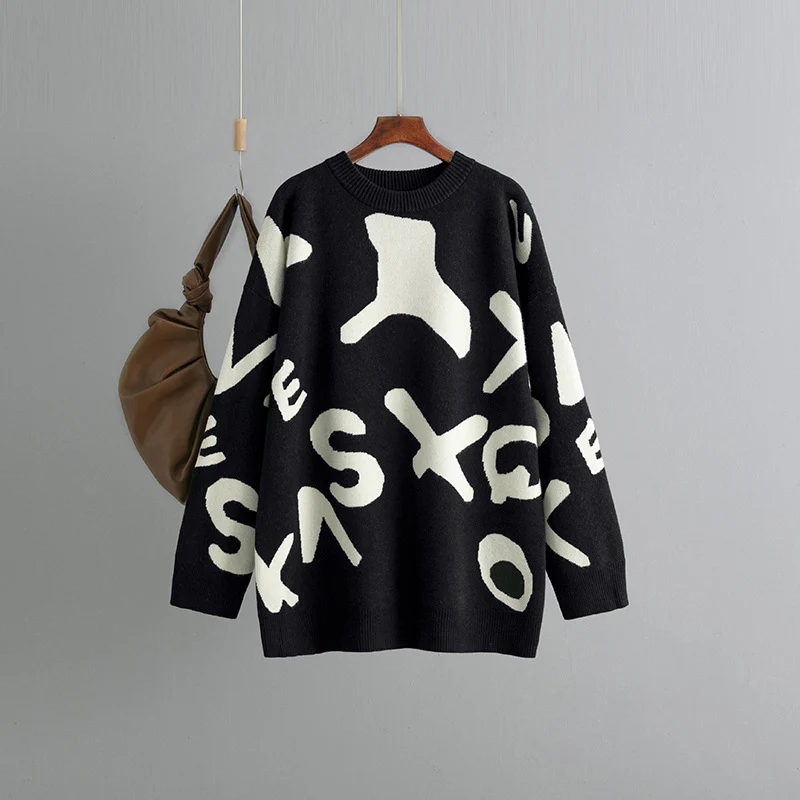 DEANWANGKT Cross-border Russia New autumn and winter new knitted sweater women's medium and long jacquard loose bottoming shirt top - Deanwangkt