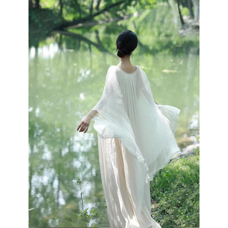 Cool Zen style round neck new Chinese style white dress children's spring loose lazy style temperament morning robe - Deanwangkt
