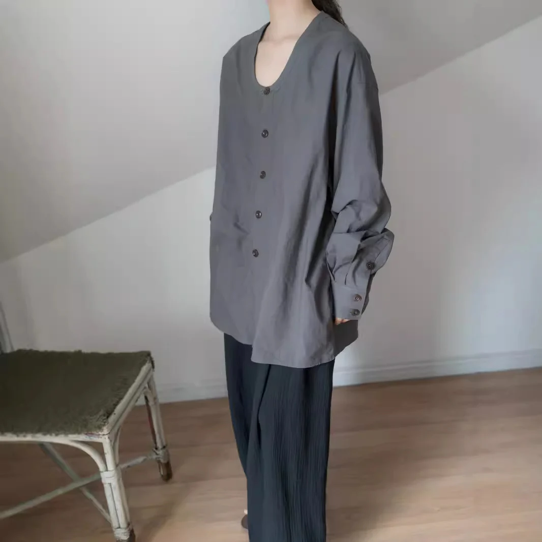 popular autumn women's clothing, shirt jacket women's, crew neck ramie silhouette casual shirt, versatile top B0831 - Deanwangkt
