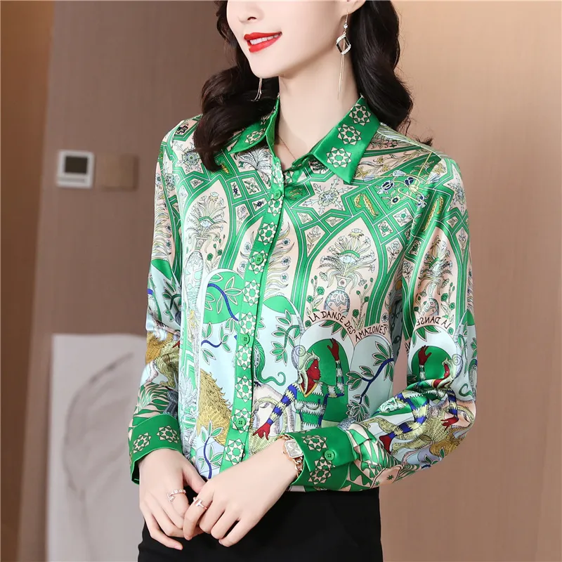 Printed Women Designer Lapel Shirts Silk Black Long Sleeve Elegant Fit Shirt Office Ladies Button Front Casual Satin Blouses Spring Fall Chic Slim Runway Tops - Deanwangkt