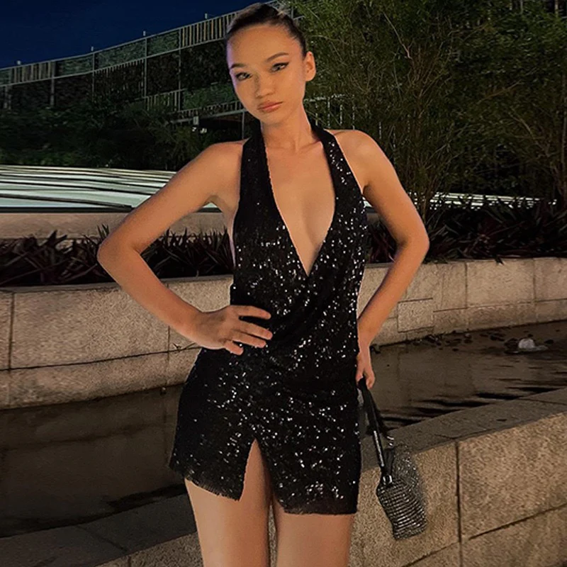 2025 DEANWANGKT  Popular trade hot-selling explosion  summer new women's clothing fashion sequins hanging neck sexy small split dress - Deanwangkt