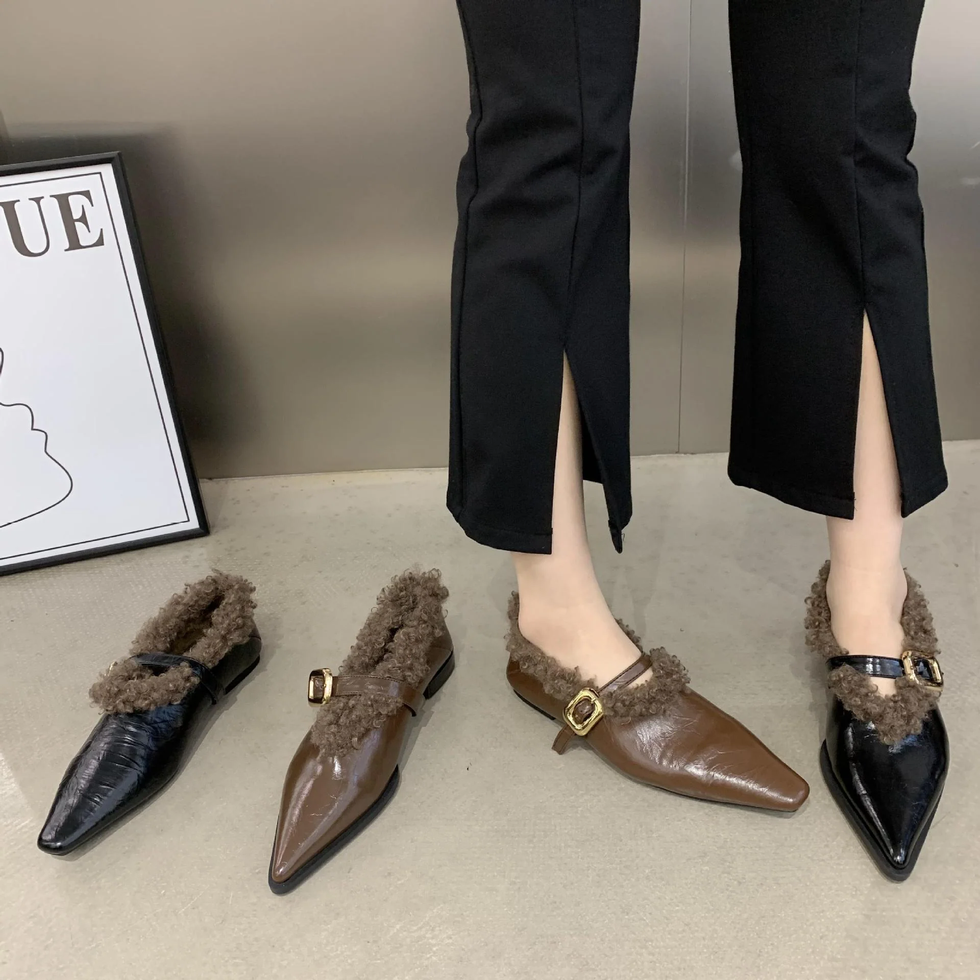 2025  Popularan Station Spring and Autumn popular New Mao Mao Shallow Mouth Pointed Head One Foot Mary Jane Shoes Women's Rhinestone Flat Shoes - Deanwangkt