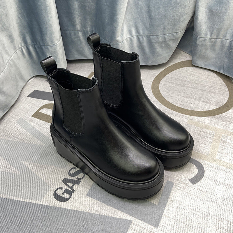 Grape Mom Studiolee Stretch Leather One Pedal Raise the Bottom round Toe Chelsea Short Boots for Women Summer and Autumn - Deanwangkt