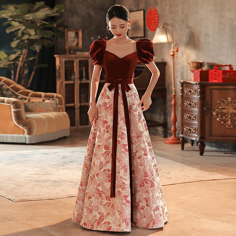 2025 Princess on the Run Toast Bridal Burgundy Engagement Dress Femininity Evening Dress Light Luxury Door Dress Casual Dress - Deanwangkt