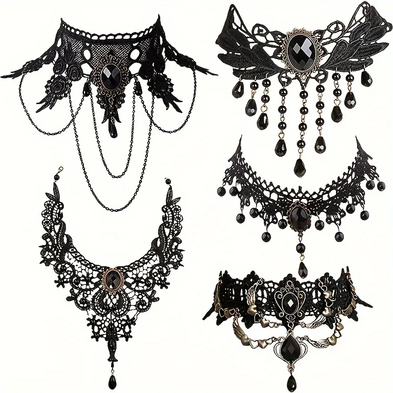 5pc Gothic Steampunk Choker Necklaces Set For Women Elegant Pedant Design Black Lace Collar Necklace Jewelry, Punk Style Festive Costume Accessories - Deanwangkt