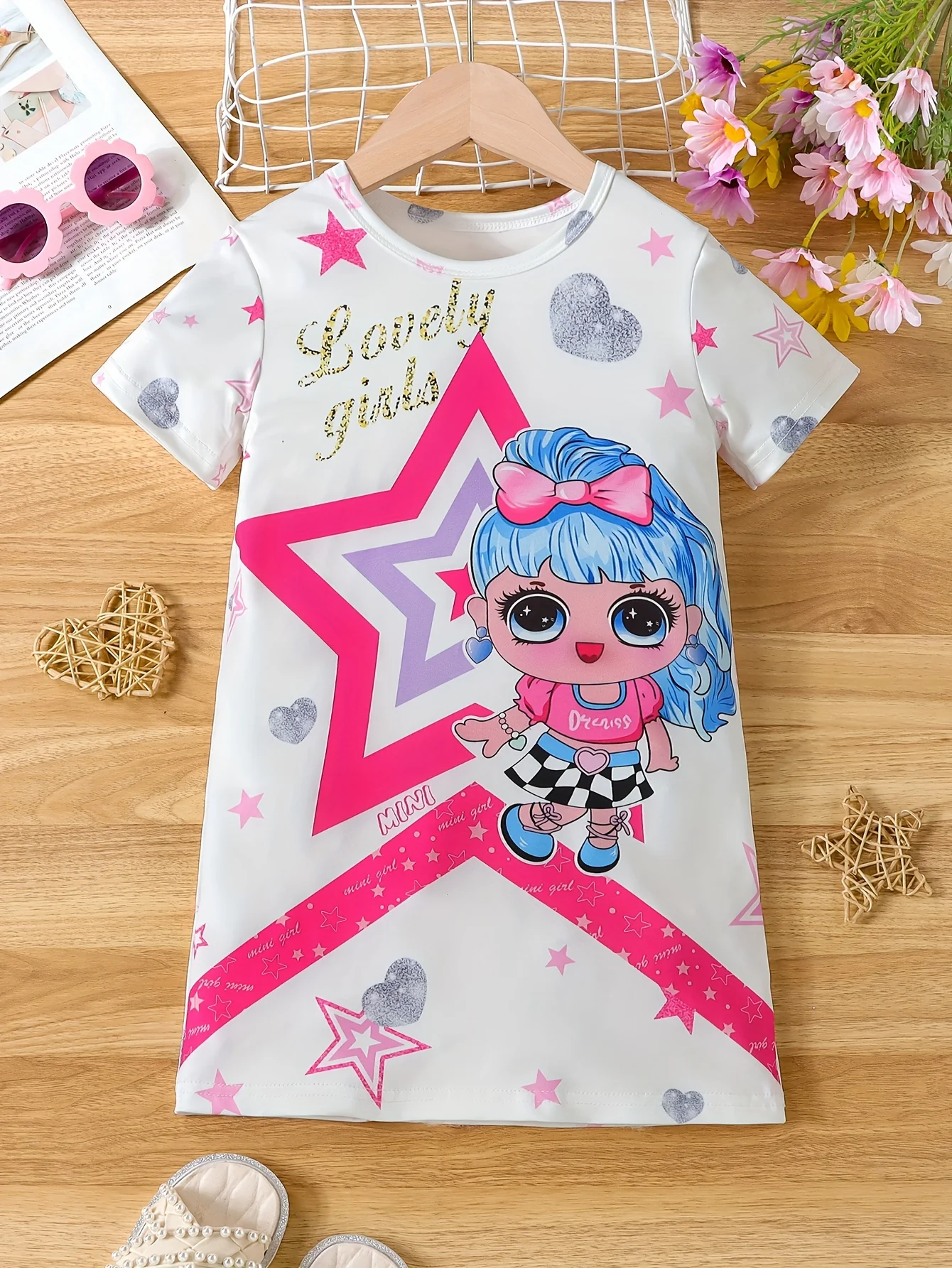 Summer-Ready Princess & Heart Graphic Dress for Girls | Casual Style, Comfort Fit & Easy Care - Deanwangkt
