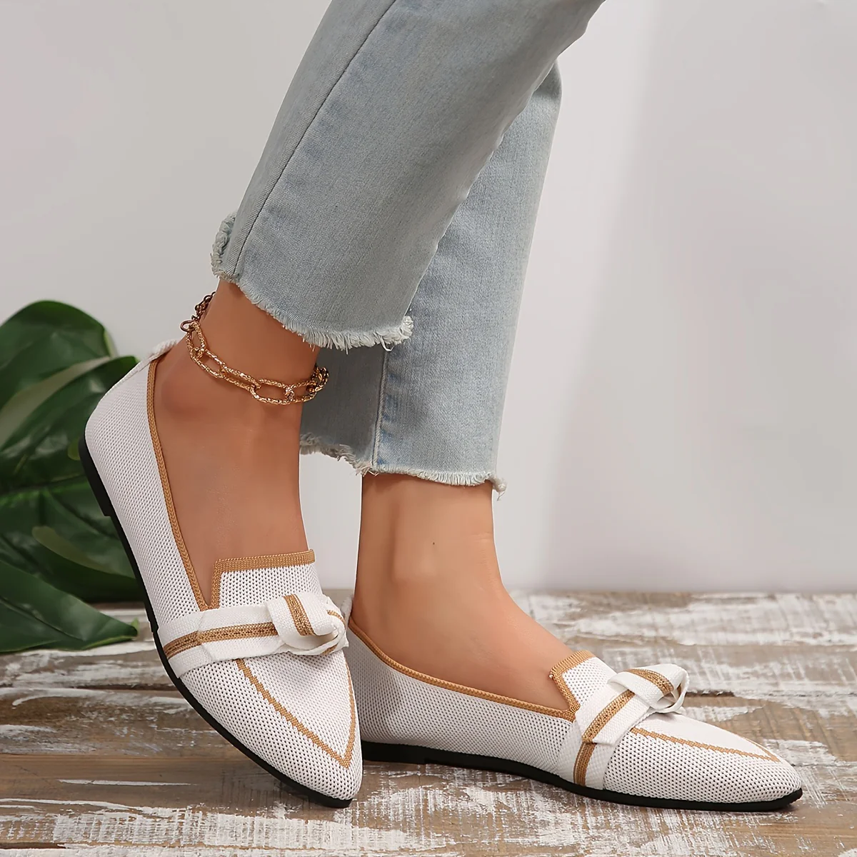 Womens Chic Knot Flat Shoes - Soft Knitted Slip-Ons with Pointed Toe - Ultra-Comfortable & Breathable for Everyday Style - Deanwangkt