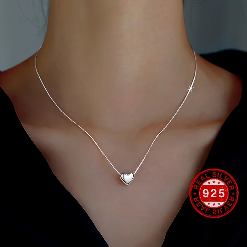 925 Sterling Silver Mini Love Heart Pendant Necklace Simple Style Neck Chain Jewelry Decoration - Deanwangkt