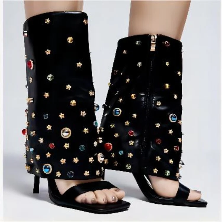 DEANWANGKT  Cross-Border European and American Style Fashion Rivet with Stiletto Heel Fresh Breathable Slim Open Toe Sandal Boots - Deanwangkt