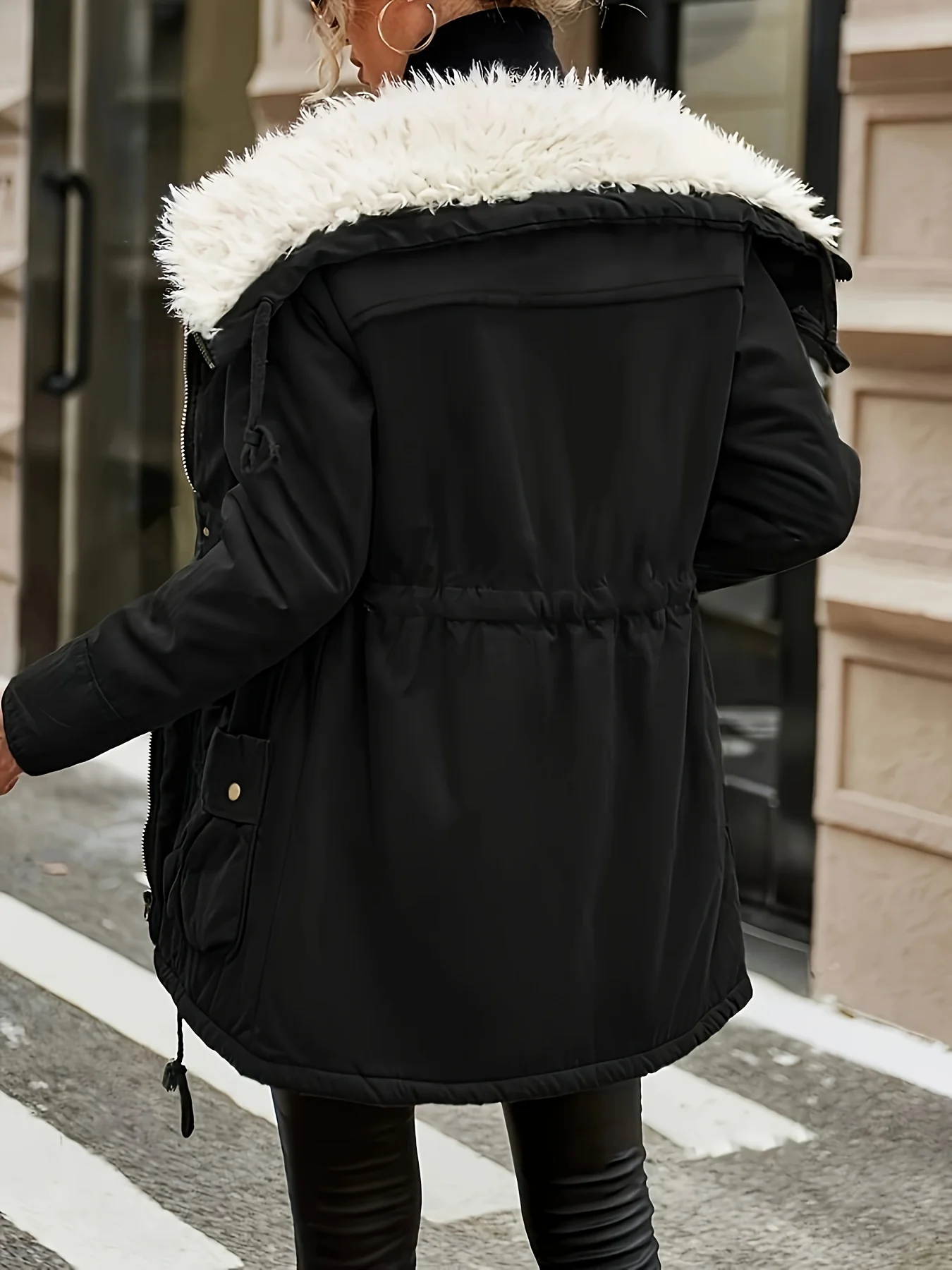 Warm Faux Fur Lined Coat - Thermal Long Sleeve, Drawstring Waist, Pockets, Zip-up, Casual, Fall & Winter Essential for Women's Clothing - Deanwangkt