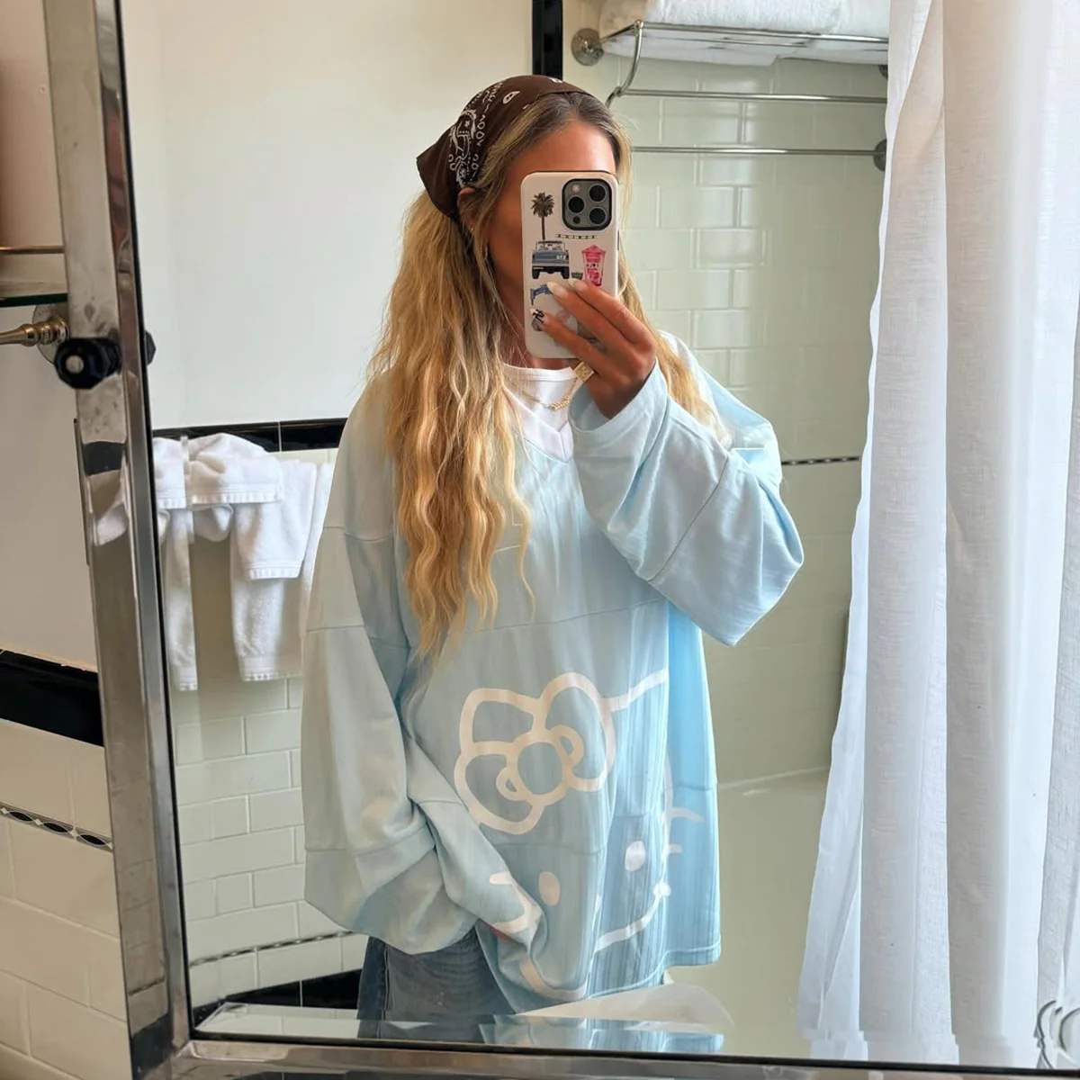 summer new Kitty cat pattern striped long-sleeved T-shirt women's V-neck loose Spice girl street casual, versatile - Deanwangkt