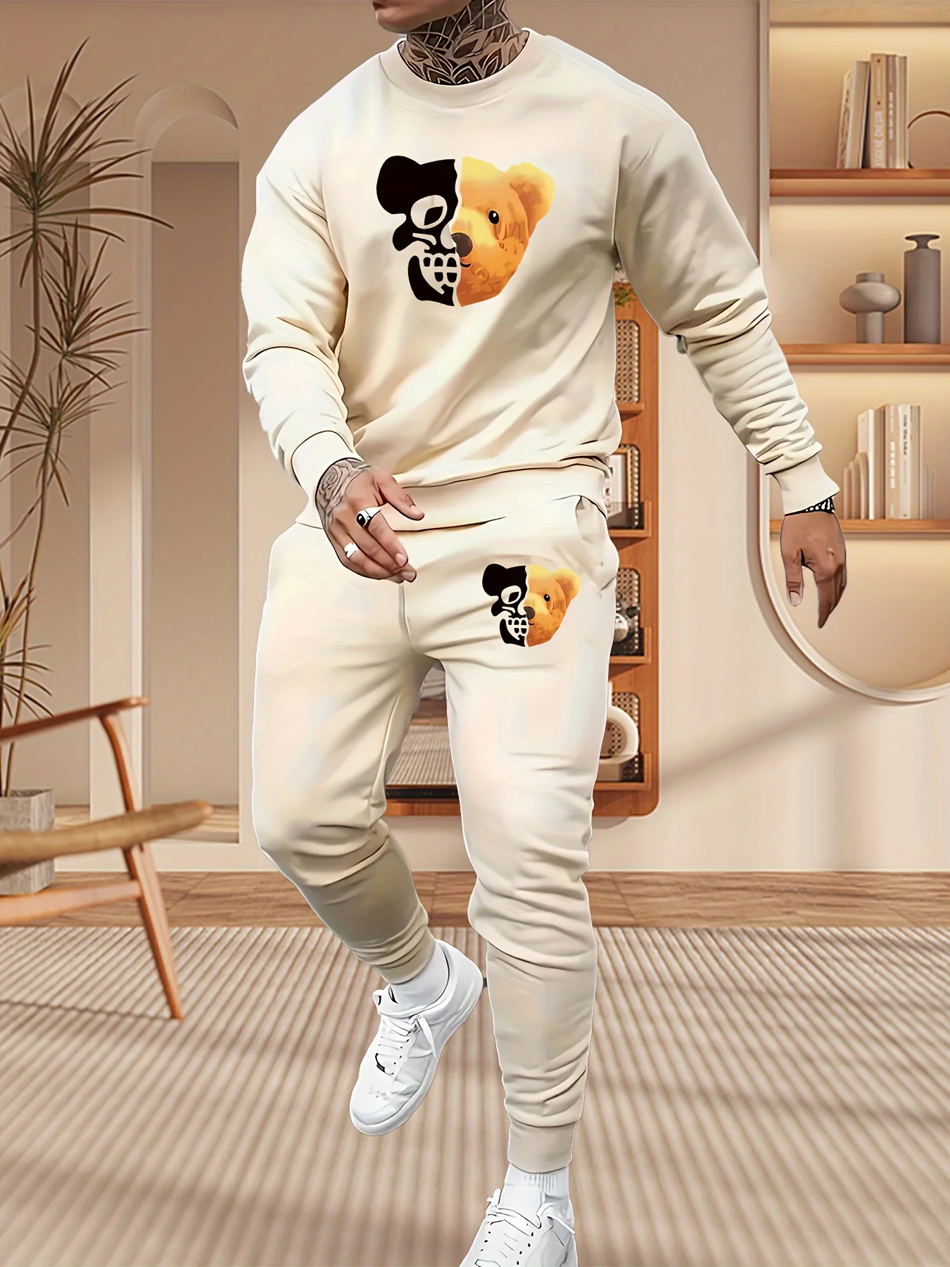 Mens Bear Graphic Comfort Sleepwear Set - Cozy Cotton Blend, Long Sleeve Crew Neck Top & Loose Pants with Pockets, Elastic Waist for Spring Autumn Outdoors - Deanwangkt