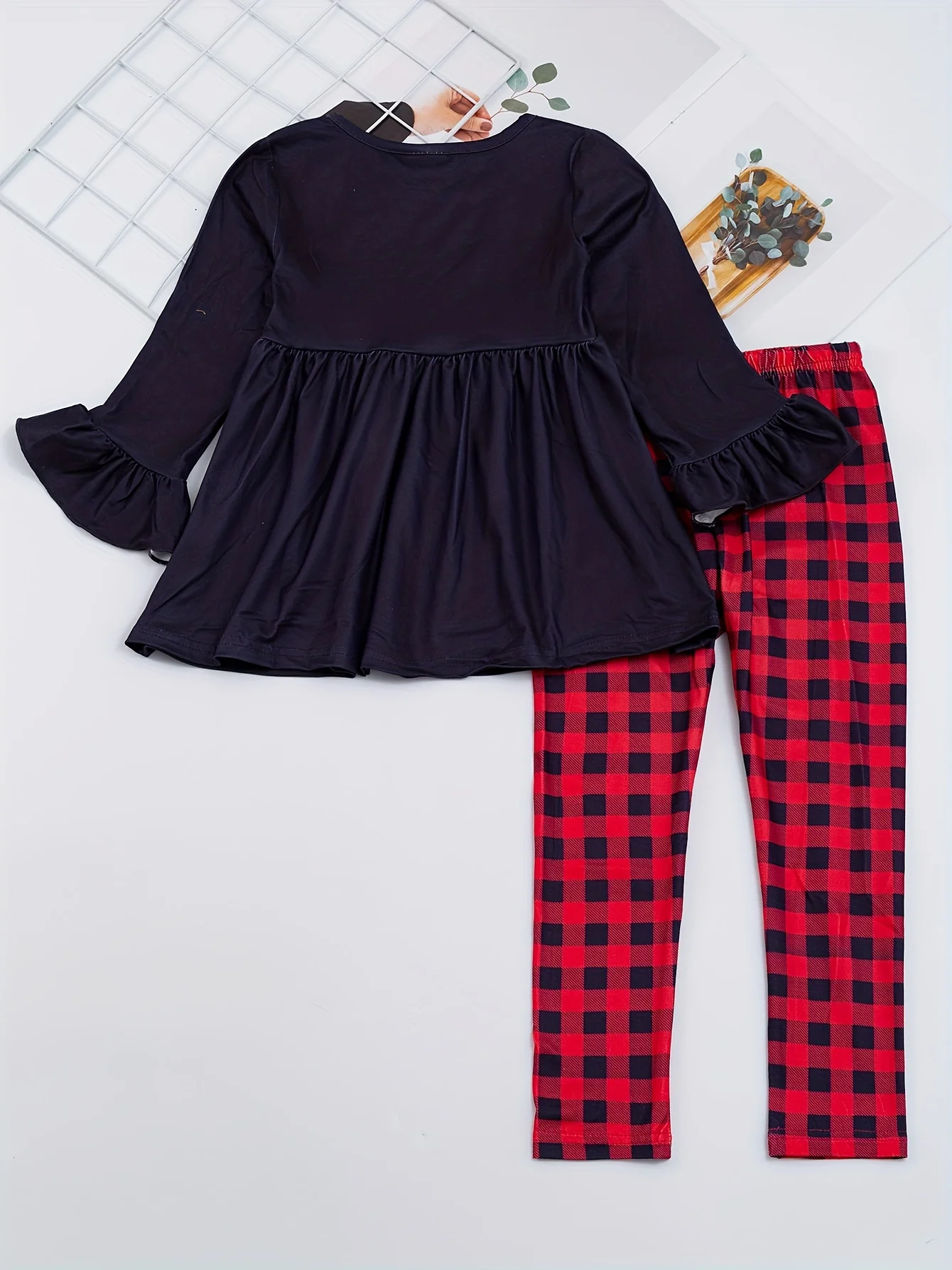 Christmas 2pc Cute Sets, Girls Santa Claus Print Flare Sleeve Top & Plaid Pants Kids Clothes For outdoor Party - Deanwangkt