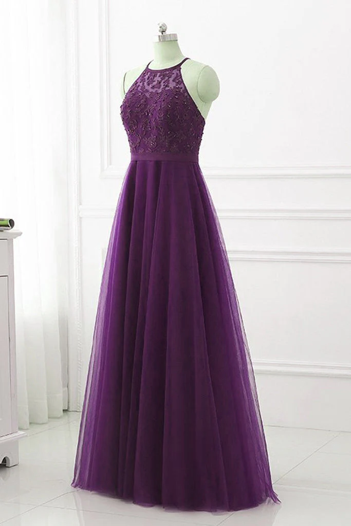 Solvbao Purple Halter Tulle with Lace Applique Long Prom Dress, A-line Floor Length Party Dress - Deanwangkt