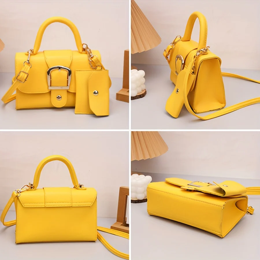 Mini Square PU Leather Crossbody Shoulder Bag - Buckle Closure, Solid Color, Unlined, Retro Trendy Chic Design with Mini Card Holder - Stylish and Compact Top-Handle Purse for Women - Deanwangkt