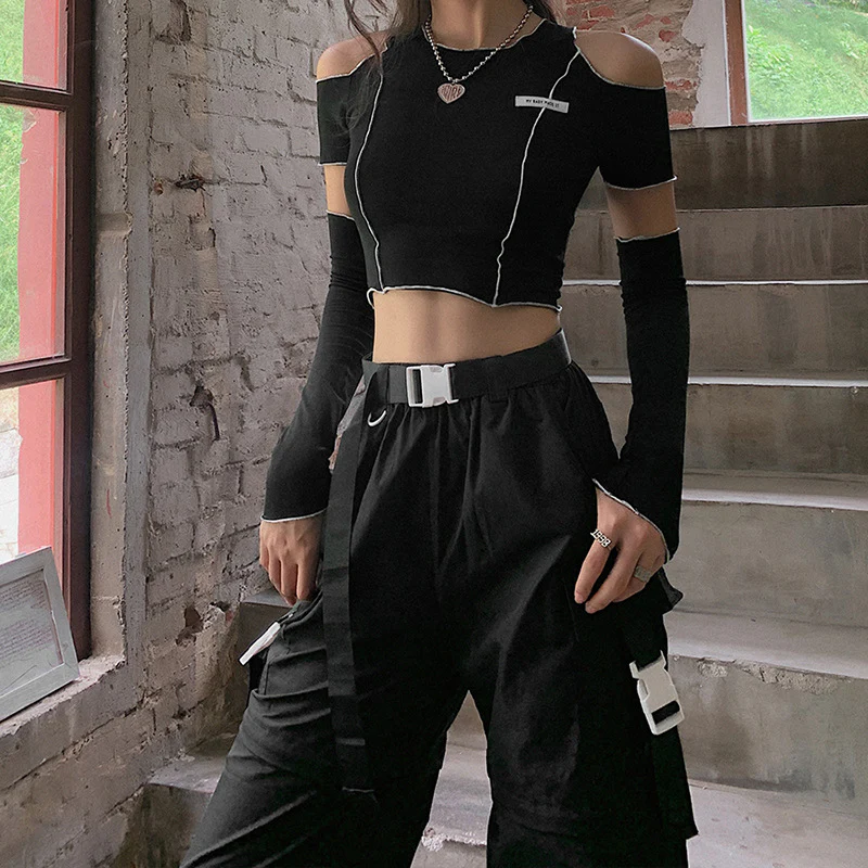 DEANWANGKT  European and American Style Cross-Border Women's Clothing 2022 Autumn and Winter New Fashion Labeling Slim round Neck off-the-Shoulder Short T-shirt for Women - Deanwangkt