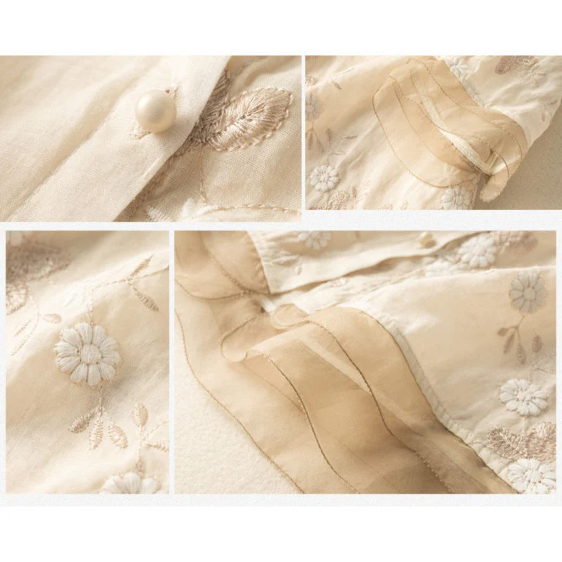 Temperament heavy industry embroidered top  summer new literary and retro seven-quarter sleeve loose cotton and linen splicing shirt women - Deanwangkt
