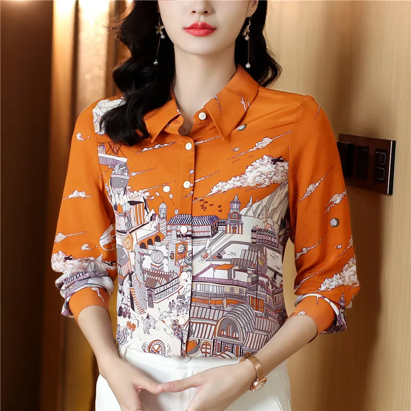Printed Women Designer Lapel Shirts Silk Black Long Sleeve Elegant Fit Shirt Office Ladies Button Front Casual Satin Blouses Spring Fall Chic Slim Runway Tops - Deanwangkt