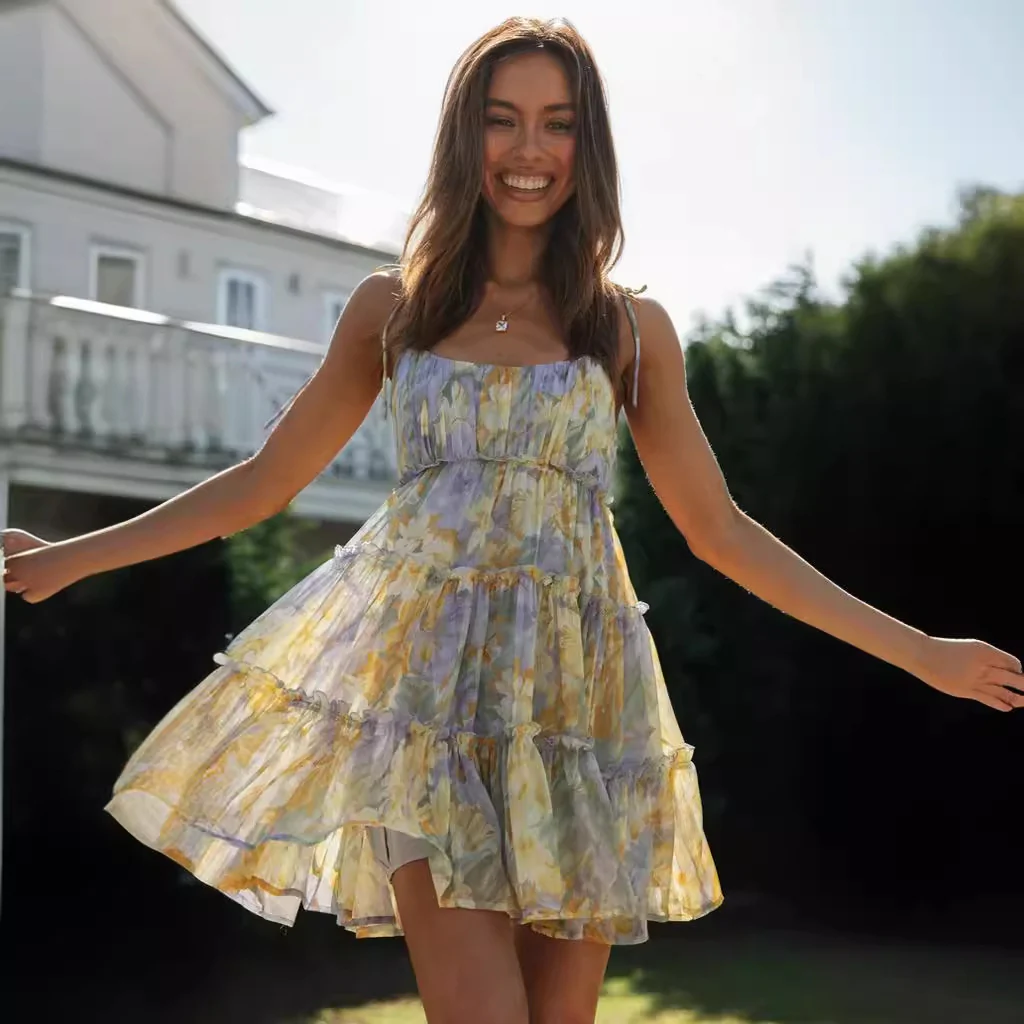 2023   New Summer European and American Vacation Style Sexy Printing Slip Dress - Deanwangkt