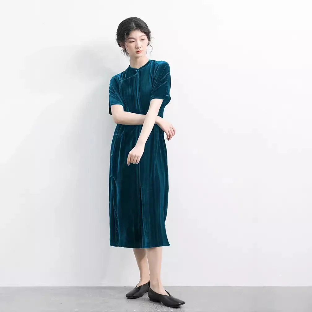 New Chinese-style improved cheongsam, dress spring women's high-end, blue-green thin skirt, short-sleeved long skirt A1233 - Deanwangkt