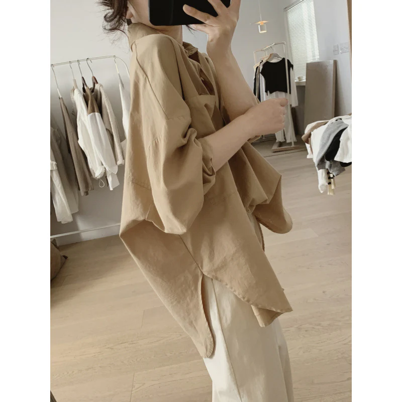 Big pocket shirt women's spring and autumn new loose large size bat-shaped thin simple split fork medium and long cotton top - Deanwangkt