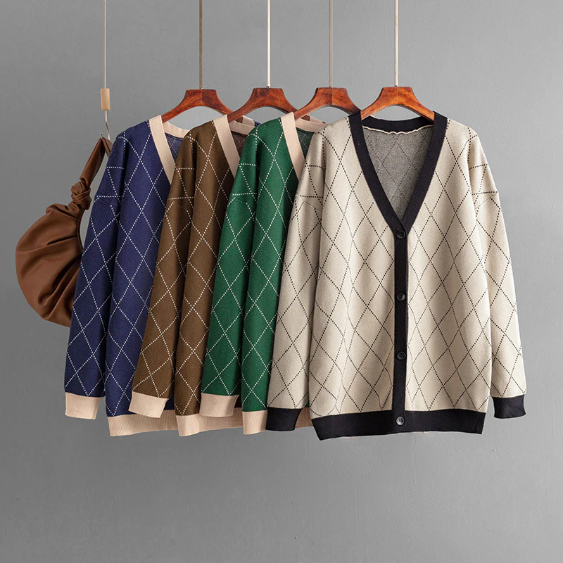 DEANWANGKT 2025 cross-border New autumn and winter new long-sleeved knitted sweater V-neck loose button plaid cardigan jacket - Deanwangkt