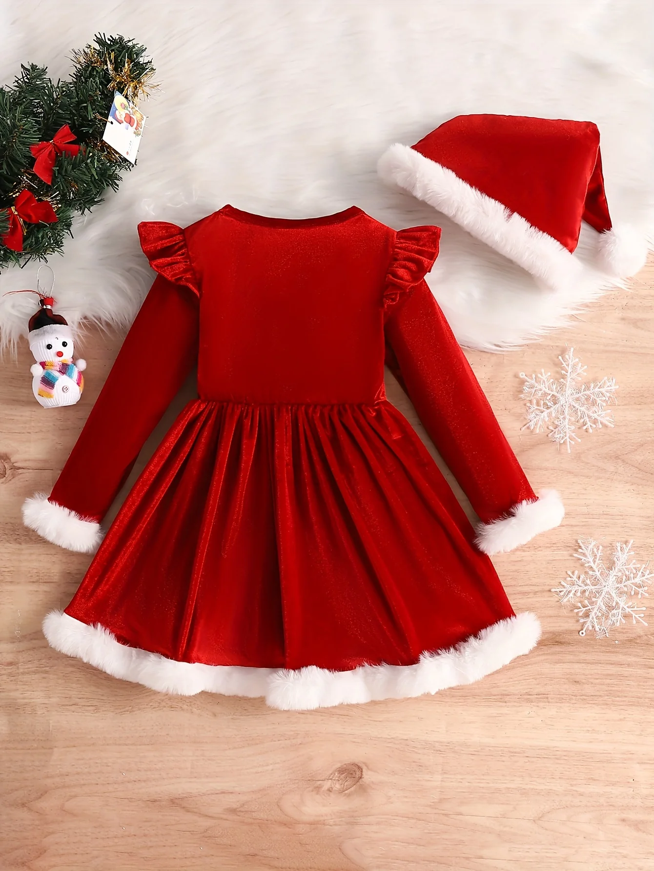 Christmas Velvet Girls Dress and Hat Set - Stretchy Long Sleeve, Contrast Cuffs, Holiday Party Outfit, Festive Gift for Little Princess, Velvet Fabric, Soft and Comfortable, Perfect for Christmas Celebrations and Holiday Parties - Deanwangkt