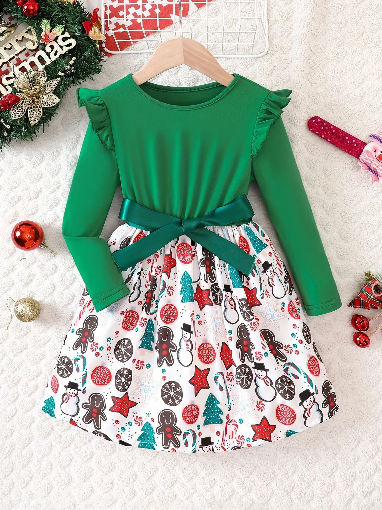 Girls Splicing Flutter Trim Long Sleeve Gingerbread Man Graphic Dress Kids Clothes Spring Fall Christmas Gift - Deanwangkt