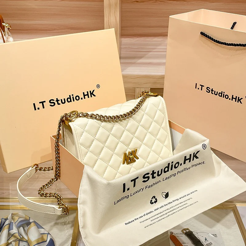 Hong Kong Genuine Leather Bag Classic Style Diamond Pattern Chain Bag Women's 204 Bag New Niche Shoulder Crossbody Small Square Bag - Deanwangkt
