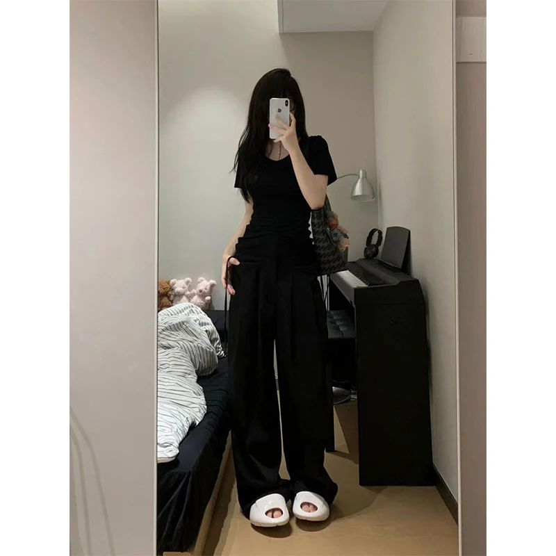 deanwangkt American Hot Girl V-neck Black Short-Sleeved T-shirt Women's Summer Pure Cotton Shoulder Tight-Fit Slim-Fit Figure Flattering Inner Bottoming Top - Deanwangkt