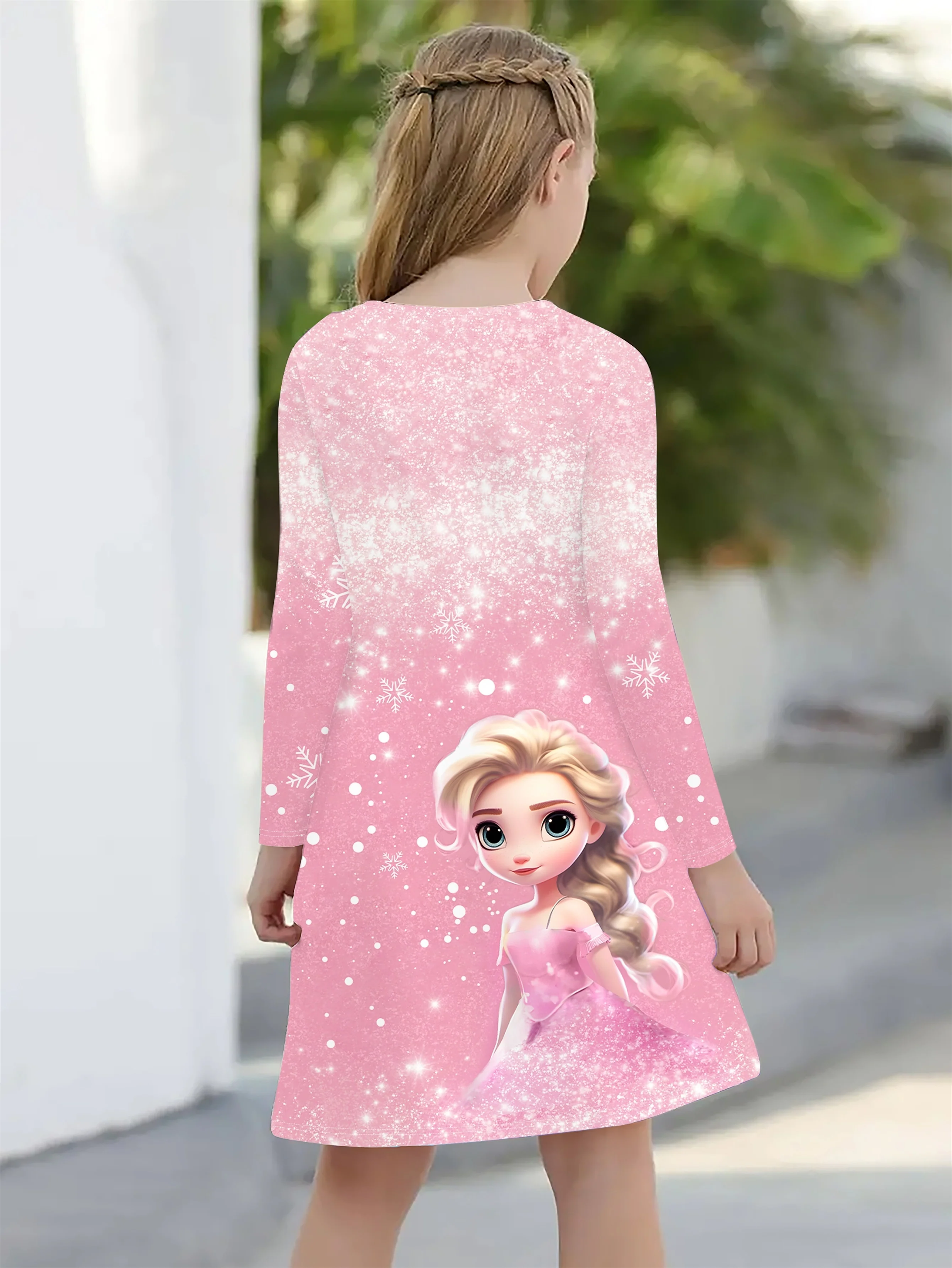 Girls' Long Sleeve Christmas Dress, 3D Princess Print, Knit Fabric, Polyester, Regular Fit, Casual Style, Autumn/Winter, Stretchy, Cartoon Pattern, Kids Fashion - Deanwangkt