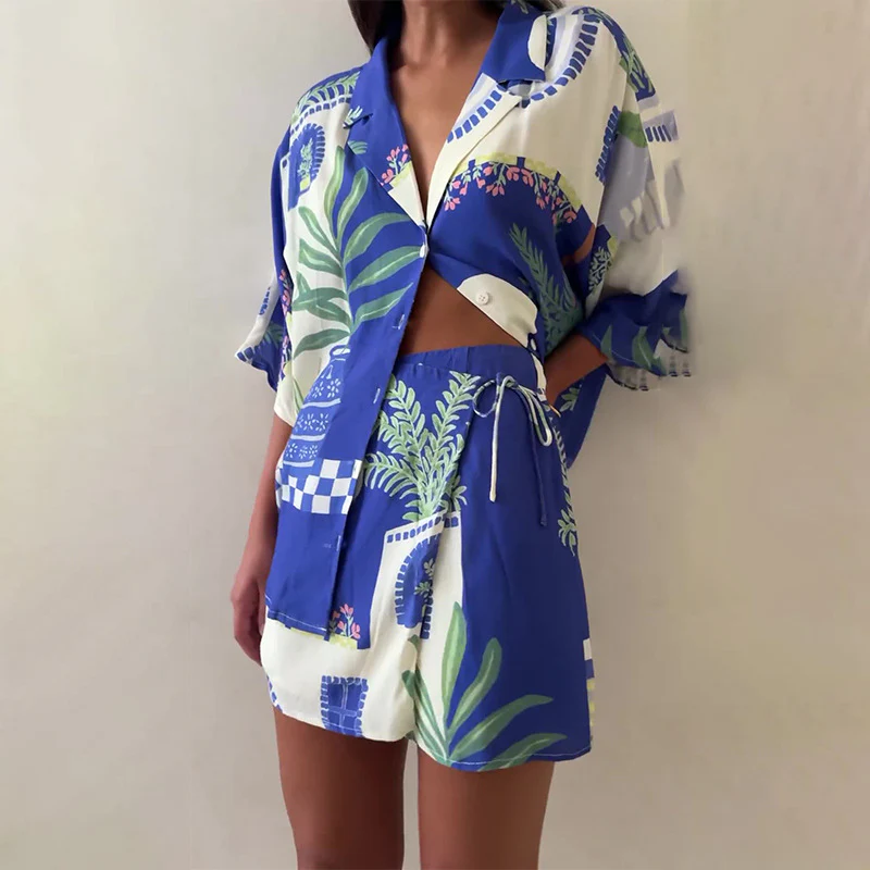 DEANWANGKT  European and American Foreign Trade Cross-Border  Summer Fashion Polo Collar Graffiti Casual Shirt High Waist Lace-up Short Culottes Suit - Deanwangkt