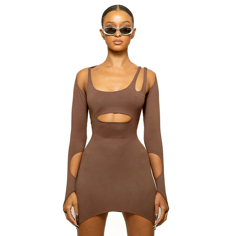 2025 Q23DS469  women's clothing autumn new solid color long-sleeved hollow tight irregular suspender hip dress - Deanwangkt
