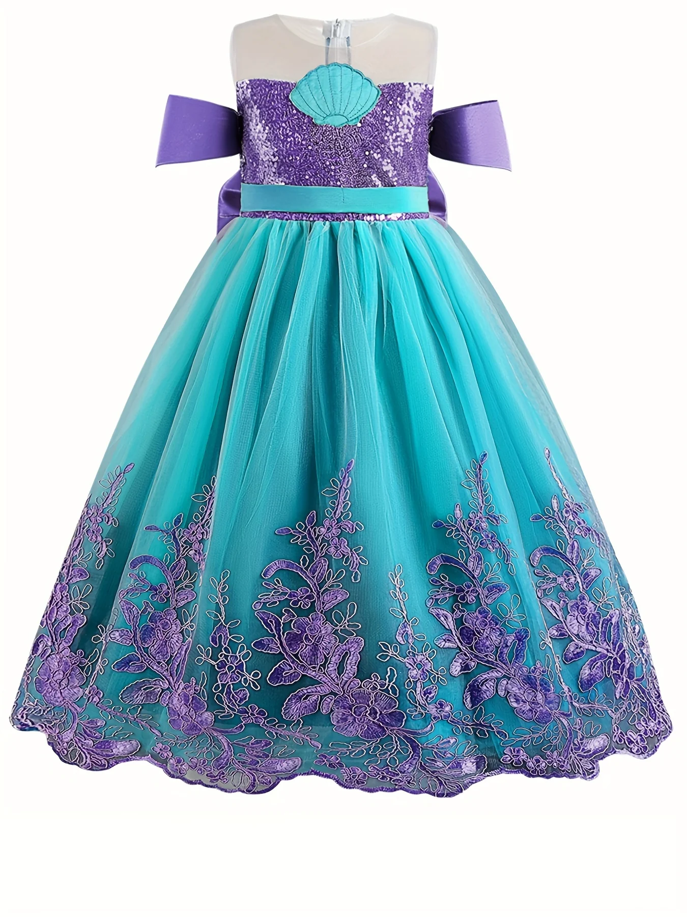 Girl's Mermaid Princess Dress, Sequin Decor Embroidered Mesh with Shell Patch, for Christmas Halloween Party Birthday Performance, As Gift - Deanwangkt