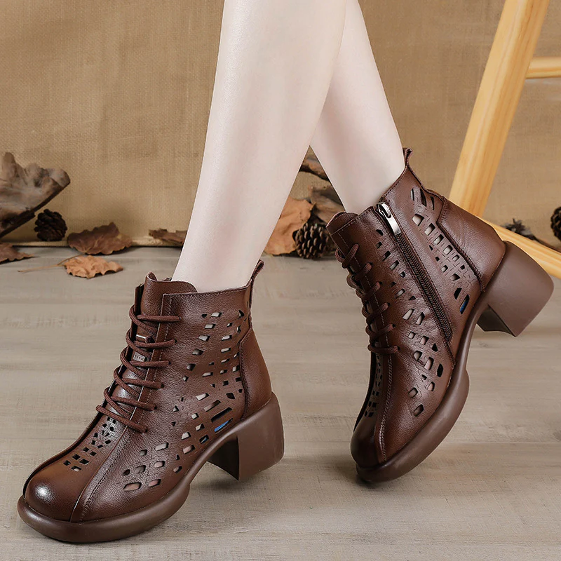 First Layer Cowhide Spring Summer Chunky Heel Martin Boots Women's Retro High Heel Hollow Boots Thick-Soled Leather Sandal Boots Hole Shoes - Deanwangkt