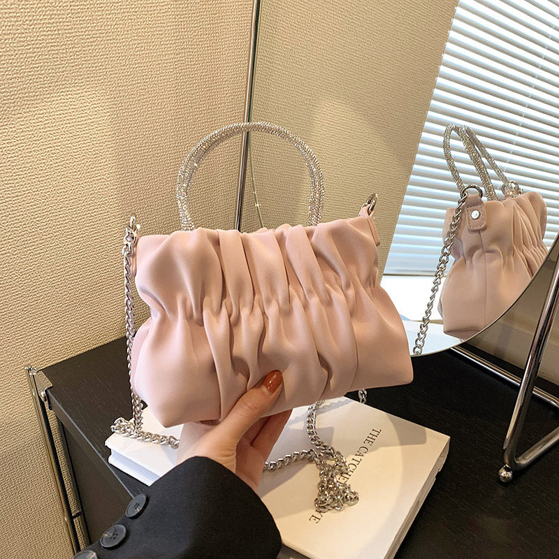 DEANWANGKT 2025 Sweet bright diamond handbag  new summer personalized pleated cloud bag fashionable small fresh girl messenger bag - Deanwangkt