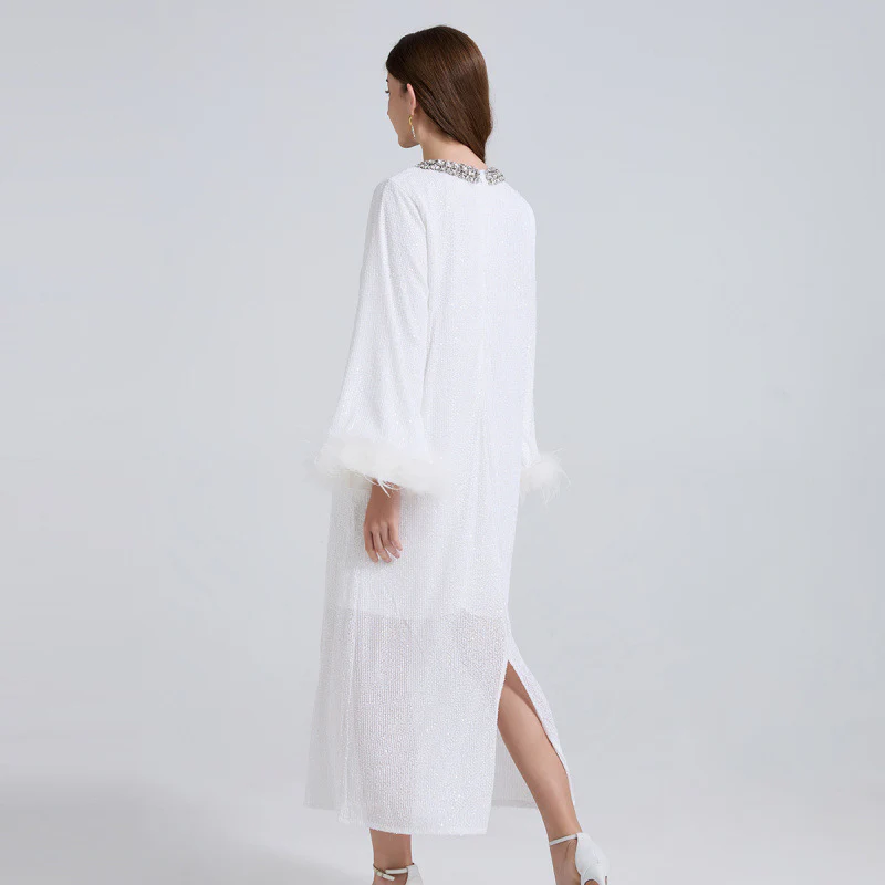 style straight long skirt heavy industry bead-encrusted ostrich hair sleeve pleated skirt loose and thin light luxury age dress - Deanwangkt