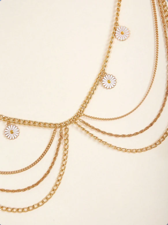 2025  FB3330  waist chain sun flower pendant multi-layer wave tassel side pendulum chain waist chain waist jewelry - Deanwangkt