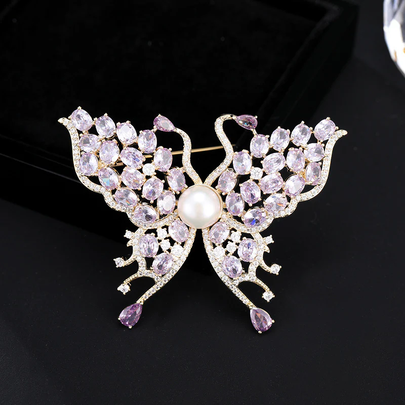 2025 Exquisite high-end purple butterfly zircon brooch natural freshwater pearl temperament elegant clothing jacket fashion accessories - Deanwangkt