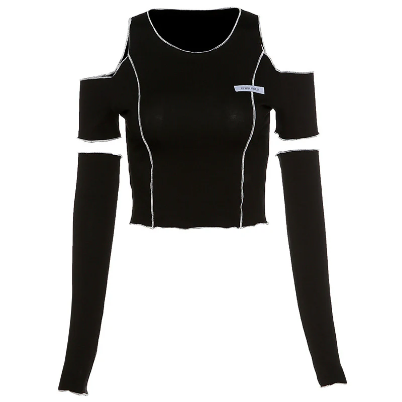DEANWANGKT  European and American Style Cross-Border Women's Clothing 2022 Autumn and Winter New Fashion Labeling Slim round Neck off-the-Shoulder Short T-shirt for Women - Deanwangkt