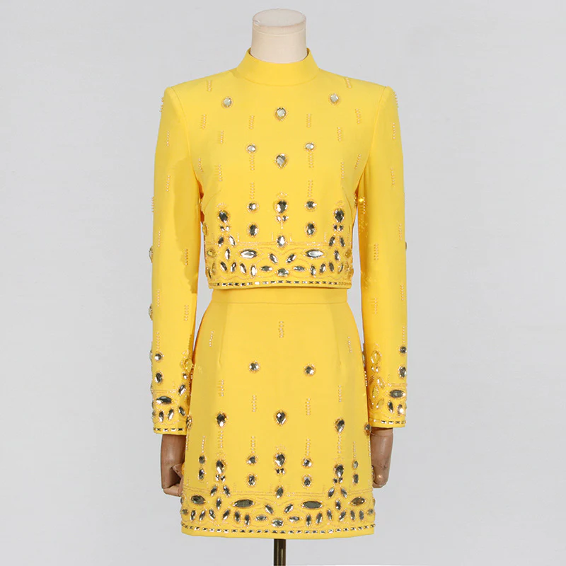 2025 Fashion casual suit women's  spring new rhinestone splicing design sense long sleeve short hip skirt suit women - Deanwangkt