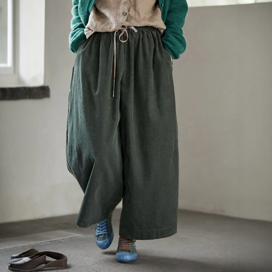 Autumn and winter Ankola red corduroy elastic waist radish pants, literary and original casual loose wide-leg pants B1015 - Deanwangkt