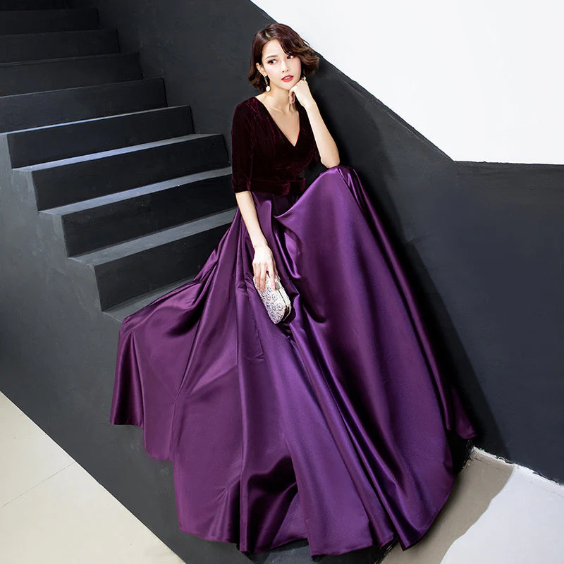 Solvbao Elegant V-neckline Velvet Top Long Bridesmaid Dresses, A-line Short Sleeves Prom Dresses - Deanwangkt