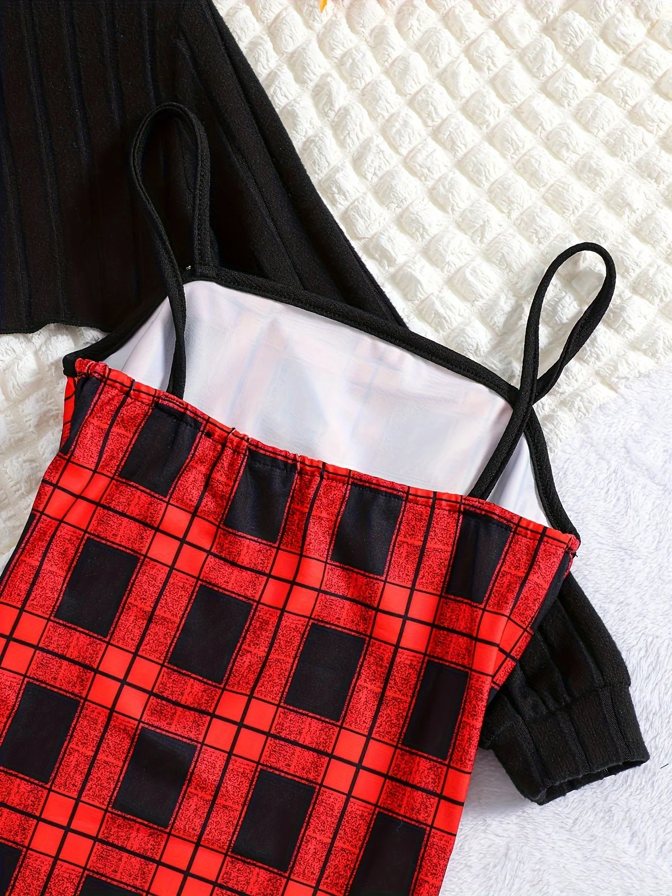 2pcs Elegant Ribbed Long Sleeve Cropped Top + Plaid Cami Dress Set Spring Fall Christmas Gift, girl's outdoor activities - Deanwangkt