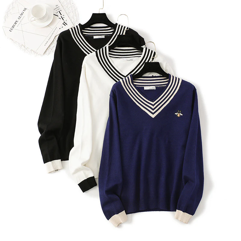 DEANWANGKT 2025 autumn and winter sweaters Little Bee embroidered knitted sweater pullover long sleeve loose large size striped V-neck top - Deanwangkt