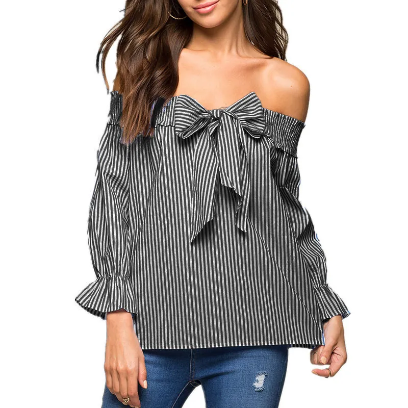 Sexy Off Shoulder Blouse Summer Women Bow Slash Neck Long Sleeve Blue Vertical Striped Shirt Blusas Casual Tops Plus Size - Deanwangkt